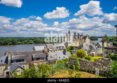 France, Pays de la Loire, Maine-et-Loire department, Château de Montsoreau seen from the village of Montsoreau, overlooking the Loire river Stock Photo