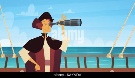 Man On Ship With Spyglass Happy Columbus Day National Usa Holiday Concept Stock Vector