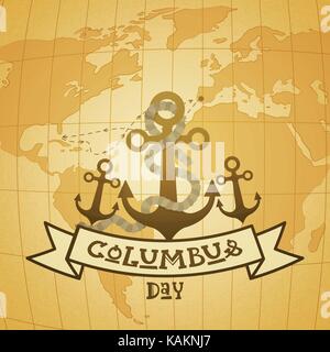 Happy Columbus Day National Usa Holiday Greeting Card With Anchor Over World Map Stock Vector