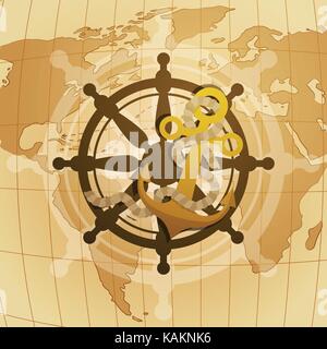 Happy Columbus Day National Usa Holiday Greeting Card With Steering Wheel And Anchor Over World Map Stock Vector
