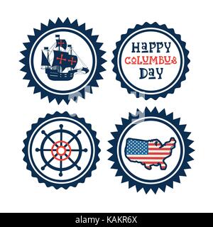 Happy Columbus Day National Usa Holiday Greeting Card Icon Set Isolated Stock Vector
