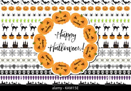 Halloween set of holiday borders decorations. Collection border of elements for your design. Isolated on white background. Vector illustration. Stock Vector