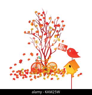 Hello autumn Illustration of a forest in autumn with leaves falling Stock Vector