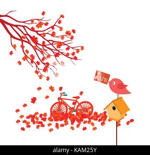 Hello autumn Illustration of a forest in autumn with leaves falling Stock Vector