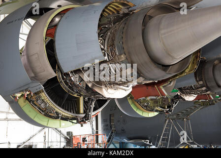 Engines covers are open to service a C-5M Super Galaxy parked inside a ...