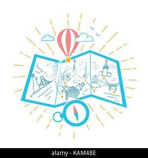banner to advertise travel around the world, in the placed way on the map historical monument,  with a compass  for choosing the tour.  illustration i Stock Vector