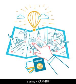 banner to advertise travel around the world, in the placed way on the map, architecture and hands choosing the tour.  illustration in the linear style Stock Vector