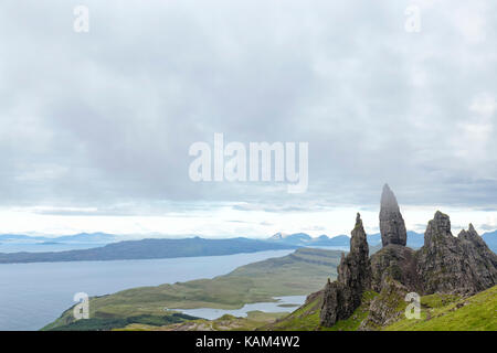 The Old Man of Storr with Loch eathan and the Sound of Raasay in the background. Stock Photo