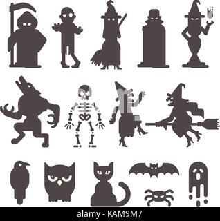 Set of Halloween character silhouettes. Halloween flat illustration. Grim reaper, zombie, witches, vampire, werewolf, skeleton, raven, owl, cat, bat,  Stock Vector