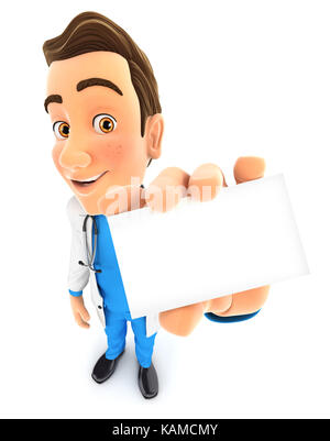 3d doctor holding company card, illustration with isolated white background Stock Photo