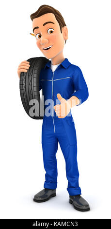 3d mechanic carrying tire on shoulder, illustration with isolated white background Stock Photo