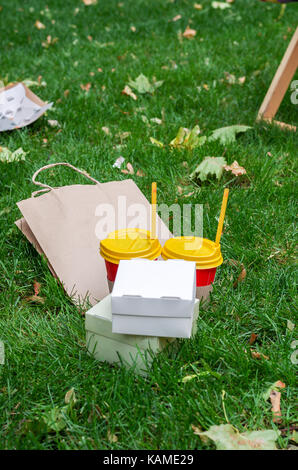 Eating in cardboard box and drink in cardboard cups. Vertical shot. Stock Photo