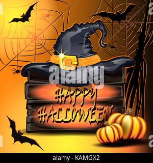 Pumpkins, hat on the box and bats in the basement. Stock Vector