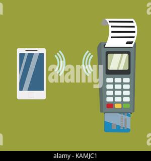 Nfc payment flat design style vector illustration, pos terminal confirms the payment using a smartphone, vector illustration, banner, sign Stock Vector