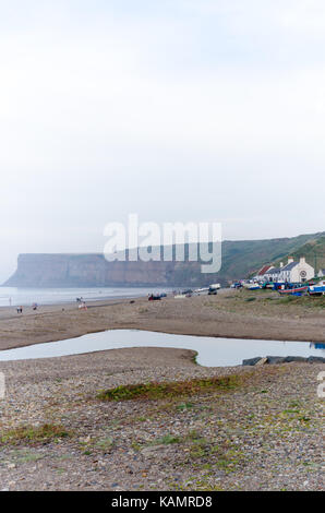 Saltburn-by-the-Sea Beach on a Misty Day looking towards Hunt Cliff Stock Photo