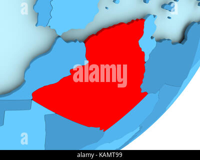 Algeria in red on blue political globe. 3D illustration. Stock Photo