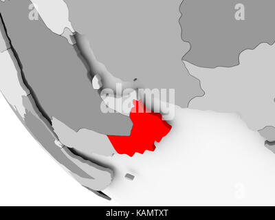 Oman in red on simple grey political globe with visible country borders. 3D illustration. Stock Photo