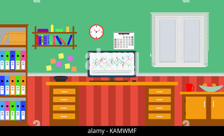 Flat design illustration of a home office with venetian blinds and a computer monitor showing a graph Stock Photo