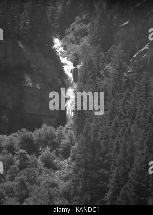 A black and white photo of a waterfall rushing out of rocks almost hidden by a lush forest. Stock Photo