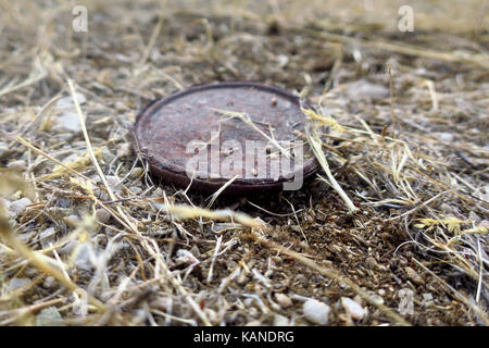 A rusty can lid lying in the ground. Stock Photo
