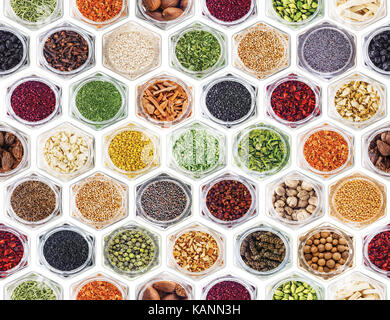 Seamless texture with spices and herbs over white background Stock Photo