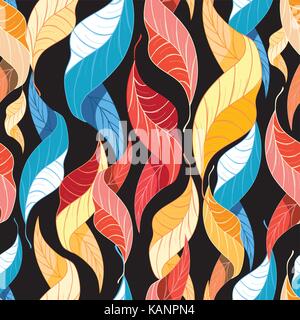 Autumn seamless color pattern from different leaves on a dark background Stock Vector
