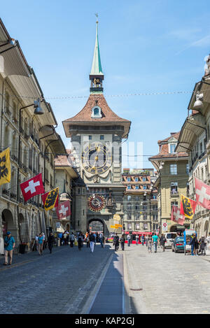 Bern, Switzerland - May 26, 2016: Astronomical clock on the medieval clock tower in Kramgasse street in old city center of Bern, Switzerland. Stock Photo