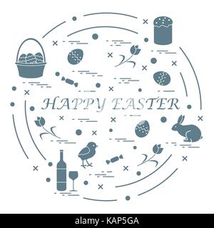 Cute vector illustration with different symbols for Easter arranged in a circle. Including icons of Easter cake, chick, baskets, eggs and other. Desig Stock Vector