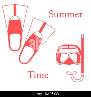 Stylized icon of a colored mask, tube and flippers for a scuba diving. Sports and recreation theme. Design for banner, poster or print. Stock Vector