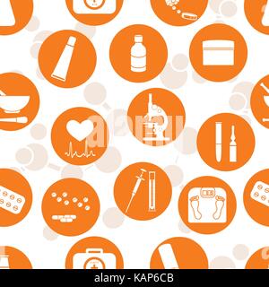 Seamless pattern of various medical devices and drugs first aid kit arranged in a circle. Health and treatment. Stock Vector