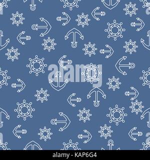 Cute seamless pattern with steering wheels and anchors. Marine theme. Design for poster or print. Stock Vector