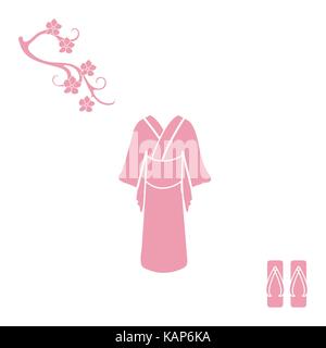 Cute illustration of branch of cherry blossoms and traditional japanese clothing and shoes. Set of Japan traditional design elements. Stock Vector