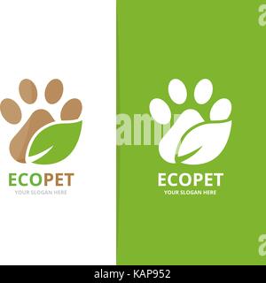 Vector paw and leaf logo combination. Pet and eco symbol or icon. Unique vet and organic logotype design template. Stock Vector