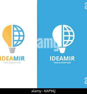 Vector lamp and planet logo combination. Lightbulb and world symbol or icon. Unique idea and globe logotype design template. Stock Vector