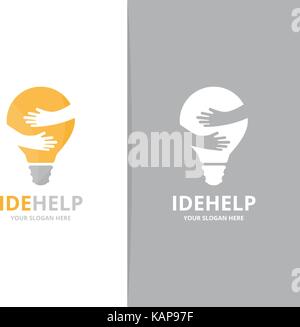 Vector lamp and hands logo combination. Lightbulb and embrace symbol or icon. Unique idea and friendship logotype design template. Stock Vector