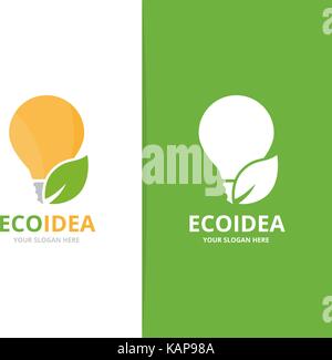 Vector lamp and leaf logo combination. Lightbulb and eco symbol or icon. Unique idea and organic logotype design template. Stock Vector