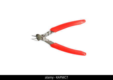 Flat lay of various craftsman tools or hand tools on white background with copy space using as construction tools, workshop and craft concept. Stock Photo