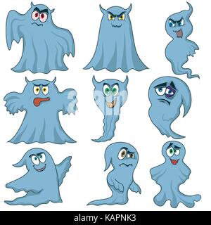 Set of nine color funny phantoms for Halloween with various characters isolated on a white background, cartoon vector illustration Stock Vector