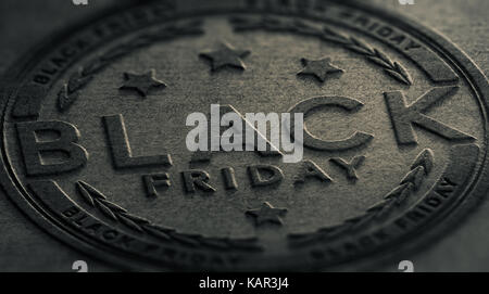 Text Black Friday embossed on a dark grey paper texture. Sales concept. 3D illustration. Stock Photo