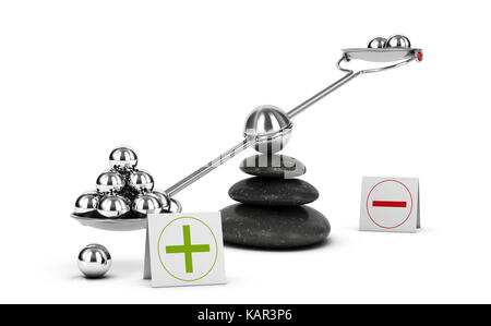 Seesaw containing metal spheres inclined on the positive side. Concept of Pros and cons analysis over white background. 3D illustration Stock Photo