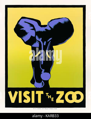 “Visit the Zoo' 1936 poster featuring a woodblock print of an elephant designed by Hugh Stevenson (1910-1956) for Philadelphia Zoo. Produced under the Federal Project Number One sponsored by the Works Progress Administration (WPA); created in 1935 as part of the New Deal of President Franklin D. Roosevelt to tackle the Great Depression. Stock Photo