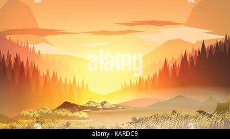Abstract Mountain Lake  and Forest in the Morning - Vector Illustration Stock Vector