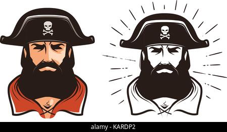 Angry pirate. Portrait of bearded filibuster in hat. Cartoon vector illustration Stock Vector