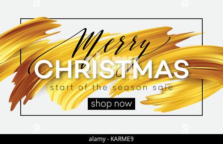 Merry Christmas lettering on a background of a gold brushstroke oil or acrylic paint. Sale design element for presentations, flyers, leaflets, postcards and posters. Vector illustration Stock Vector