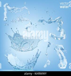 Water splashes on transparent blue background. Stock Vector