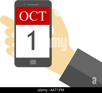 1 October - Businessman holding mobile phone with 1 Oct SMS -  illustration - Vector Stock Vector