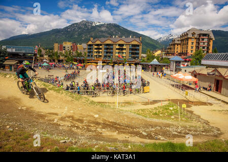 Biker riding a mountain bike in the Whistler Mountain Bike Park with many bikers waiting in line in the background. Stock Photo