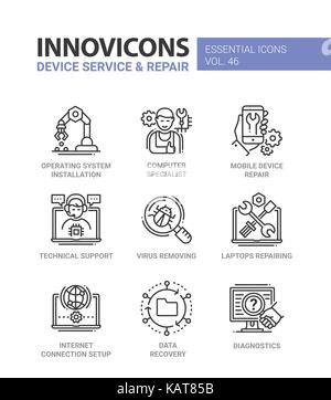 Device Service - modern vector line design icons set. Operating system installation, specialist, mobile, laptop repair, technical support, virus remov Stock Vector