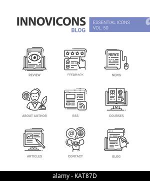 Blog - modern vector line design icons set. Review, eye, feedback, star, hand, news, mouse, document, author, biography, rss, distant course, computer Stock Vector