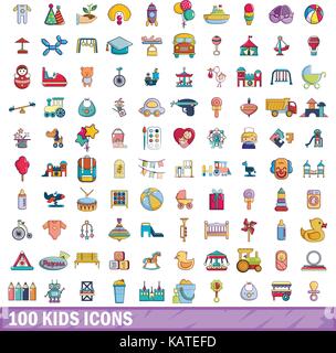 100 kids icons set, cartoon style  Stock Vector